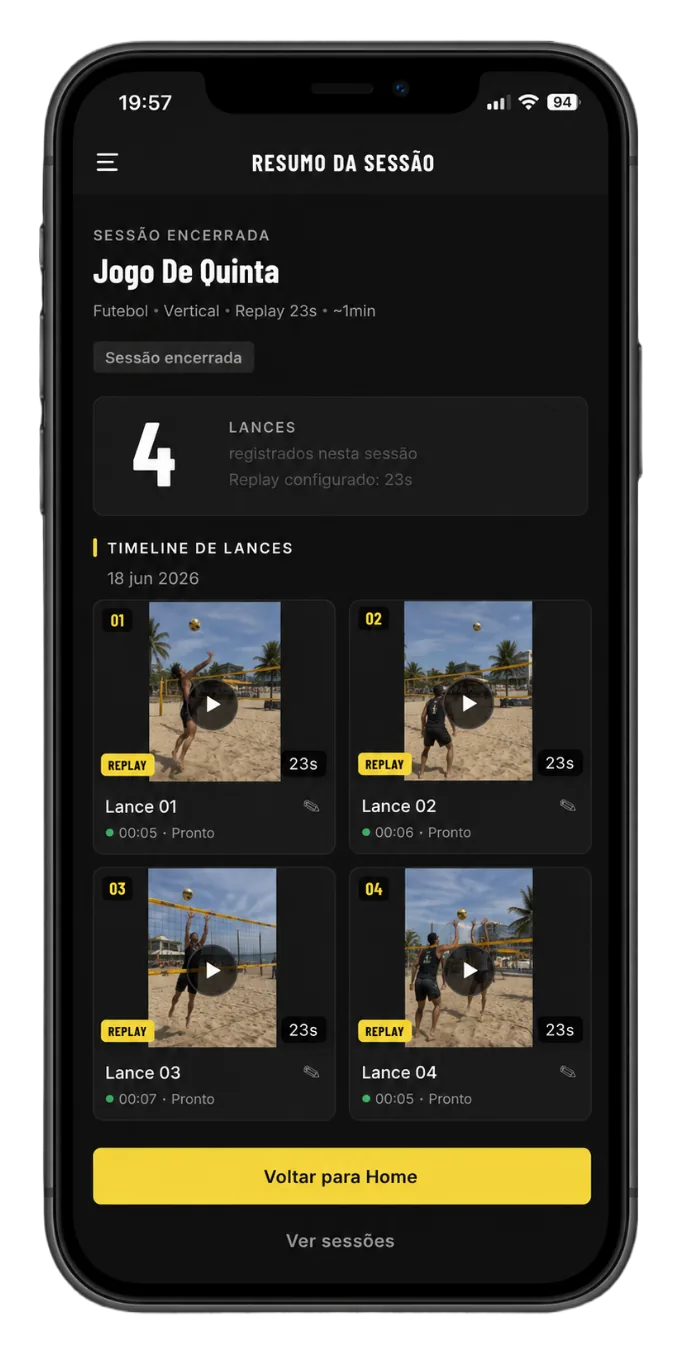 Filma Fácil GO no smartphone, com os replays de uma sessão